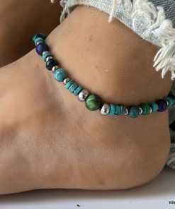 Bracelet cheville homme turquoise pierre bleue et verte